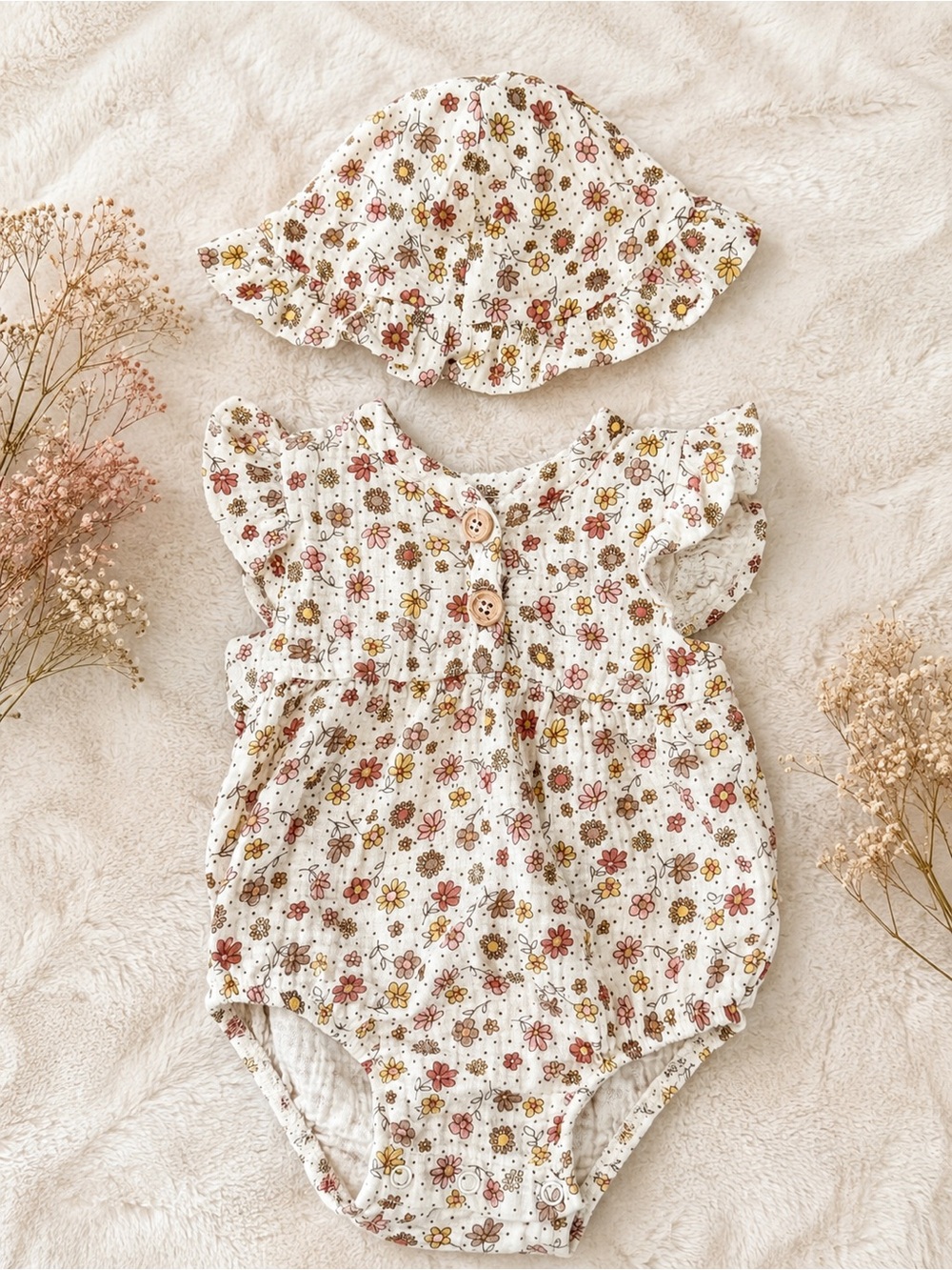 Charlotte & Star | Floral Muslin Romper + Sun Hat Set | Boho Baby Girl Outfit